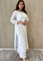 Palak Chikankari Modal Long Kurti 3pc Set - White - Image 3