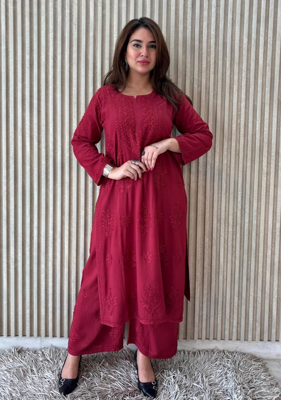 21_20251028_131824_0020 Palak Chikankari Rayon Co-ord Set- Maroon - Image 1
