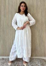 Palak Chikankari Modal Long Kurti 3pc Set - White - Image 5