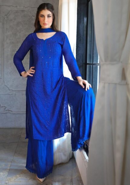 Dia Viscose Resham Jaal Chikankari and Mukesh Work 3pc Set- Blue