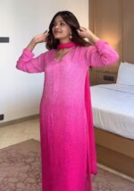 Dia Viscose Resham Jaal Chikankari and Mukesh Work 3pc Set- Ombre Pink - Image 6