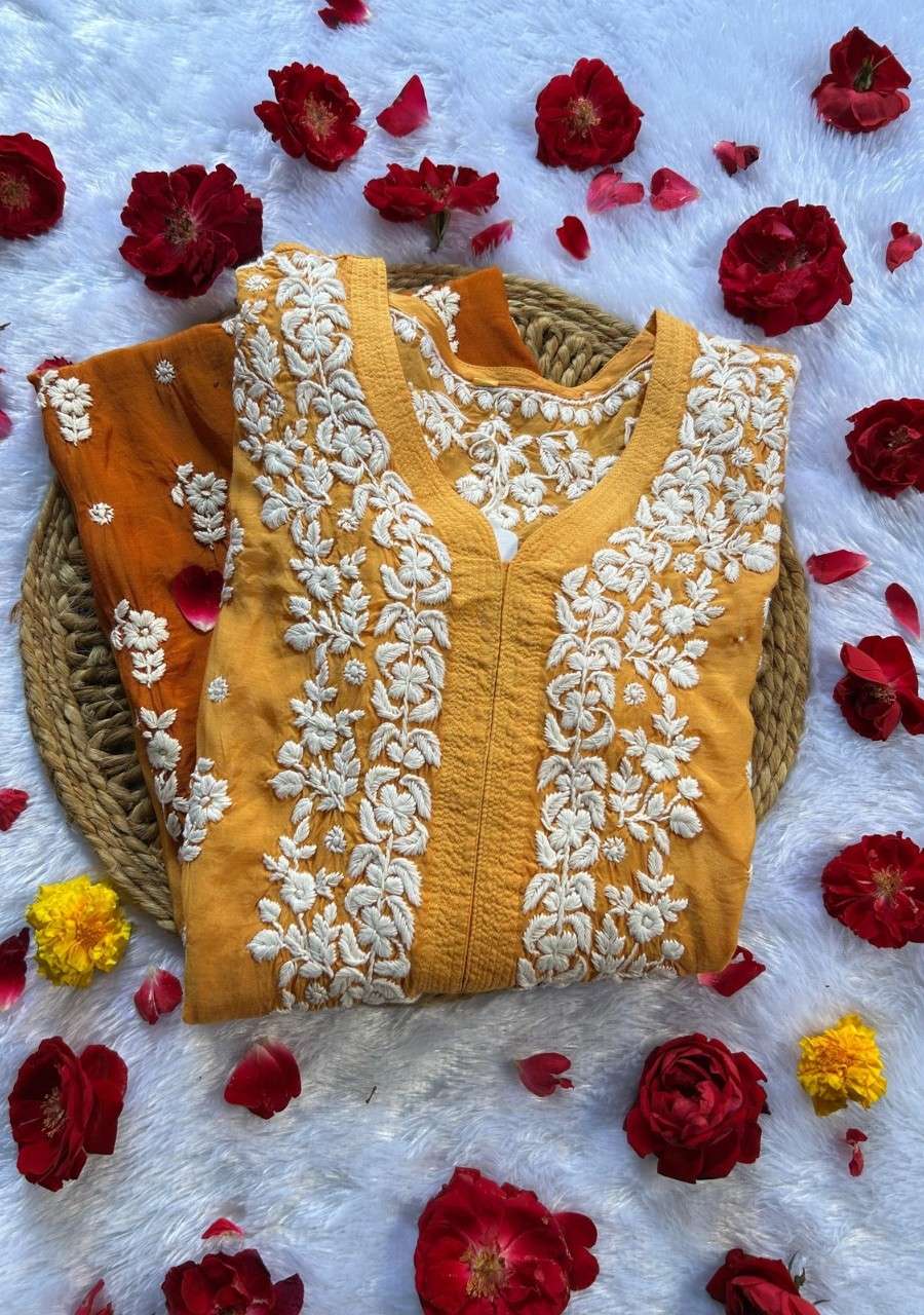 20251228_171737_0001 Maria 3D Chikankari Muslin Ombre Long Kurti- Mustard - Image 1