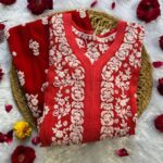 Maria 3D Chikankari Muslin Ombre Long Kurti- Red