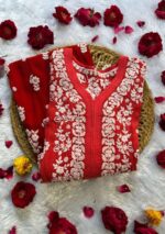 Maria 3D Chikankari Muslin Ombre Long Kurti- Red