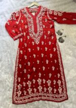 Maria 3D Chikankari Muslin Ombre Long Kurti- Red - Image 4