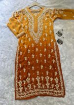 Maria 3D Chikankari Muslin Ombre Long Kurti- Mustard - Image 4