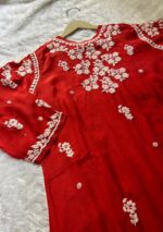 Maria 3D Chikankari Muslin Ombre Long Kurti- Red - Image 5
