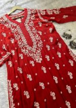 Maria 3D Chikankari Muslin Ombre Long Kurti- Red - Image 2