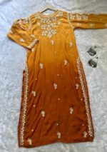 Maria 3D Chikankari Muslin Ombre Long Kurti- Mustard - Image 6