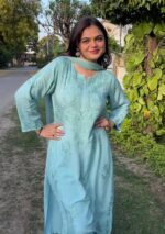 Palak Chikankari Rayon Long Kurti Set with Dupatta - Sea Green - Image 4