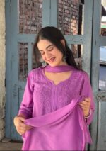 Palak Chikankari Rayon Long Kurti Set with Dupatta - Lavender - Image 4