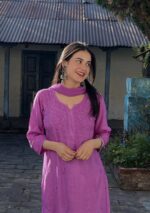 Palak Chikankari Rayon Long Kurti Set with Dupatta - Lavender