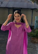 Palak Chikankari Rayon Long Kurti Set with Dupatta - Lavender - Image 5