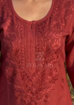 Palak Chikankari Rayon Long Kurti Set with Dupatta - Terracotta Brown - Image 4