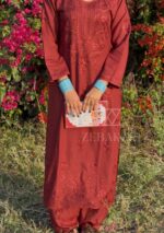 Palak Chikankari Rayon Long Kurti Set with Dupatta - Terracotta Brown - Image 8