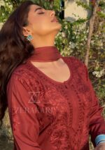 Palak Chikankari Rayon Long Kurti Set with Dupatta - Terracotta Brown - Image 6