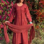 Palak Chikankari Rayon Long Kurti Set with Dupatta - Terracotta Brown
