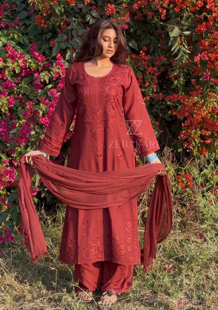 2026/01/1001750423.jpg Palak Chikankari Rayon Long Kurti Set with Dupatta - Terracotta Brown - Image 1