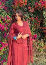 Palak Chikankari Rayon Long Kurti Set with Dupatta - Terracotta Brown - Image 5