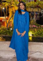 Palak Chikankari Rayon Long Kurti Set with Dupatta - Blue - Image 3