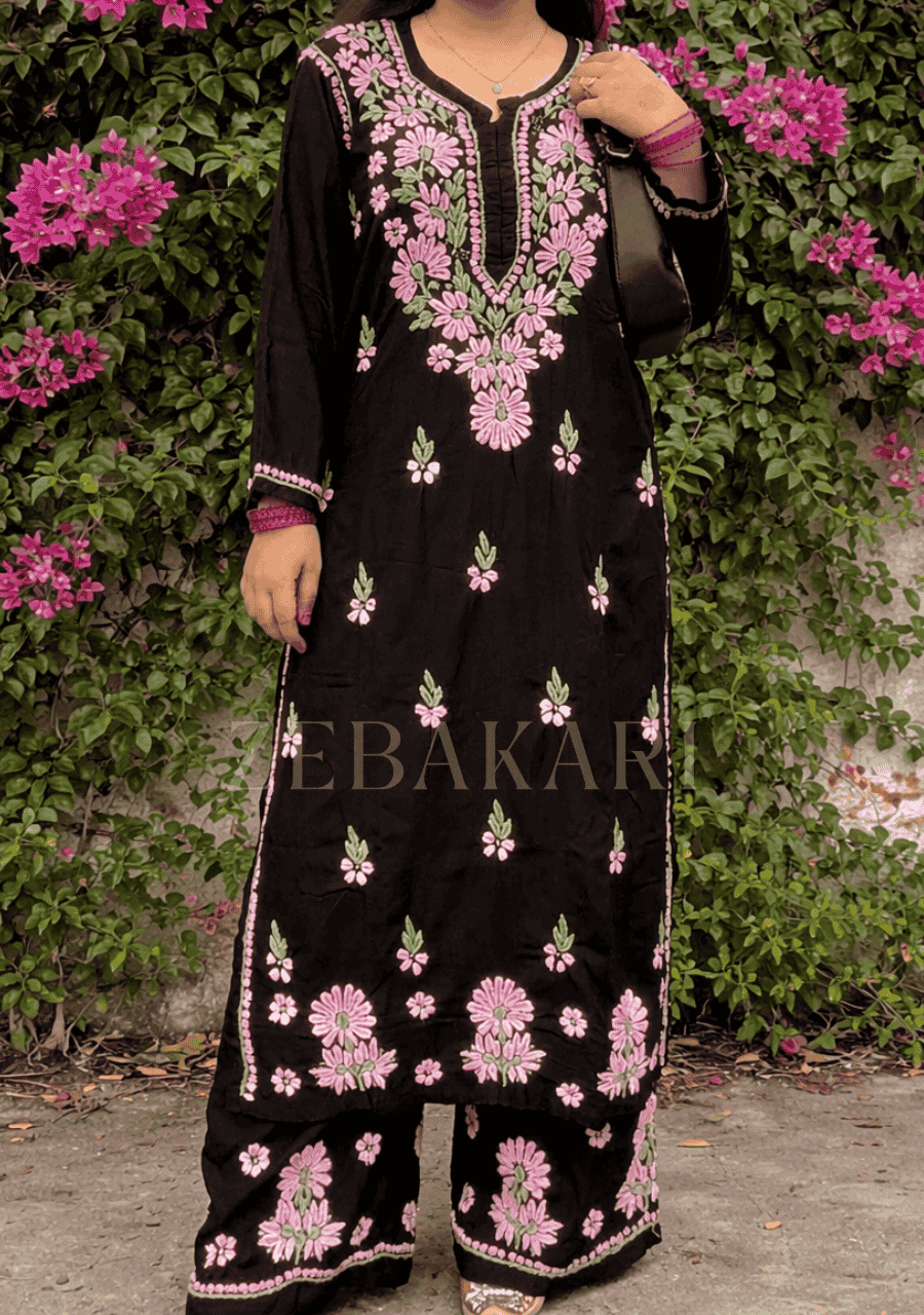 2026/01/1001894404.png Laiba Black & Baby Pink Chikankari Rayon Kurta Set - Image 1