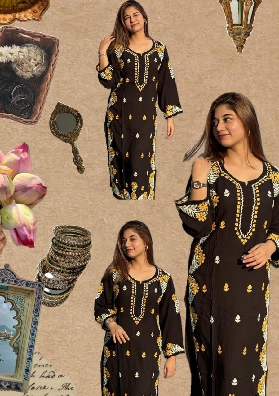 2026/01/1001966307.jpg Heer Black Chikankari Modal Long Kurti - Yellow - Image 1