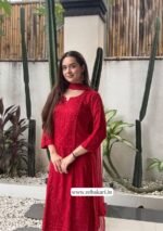 Palak Chikankari Rayon Long Kurti Set with Dupatta - Red - Image 6