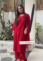 Palak Chikankari Rayon Long Kurti Set with Dupatta - Red