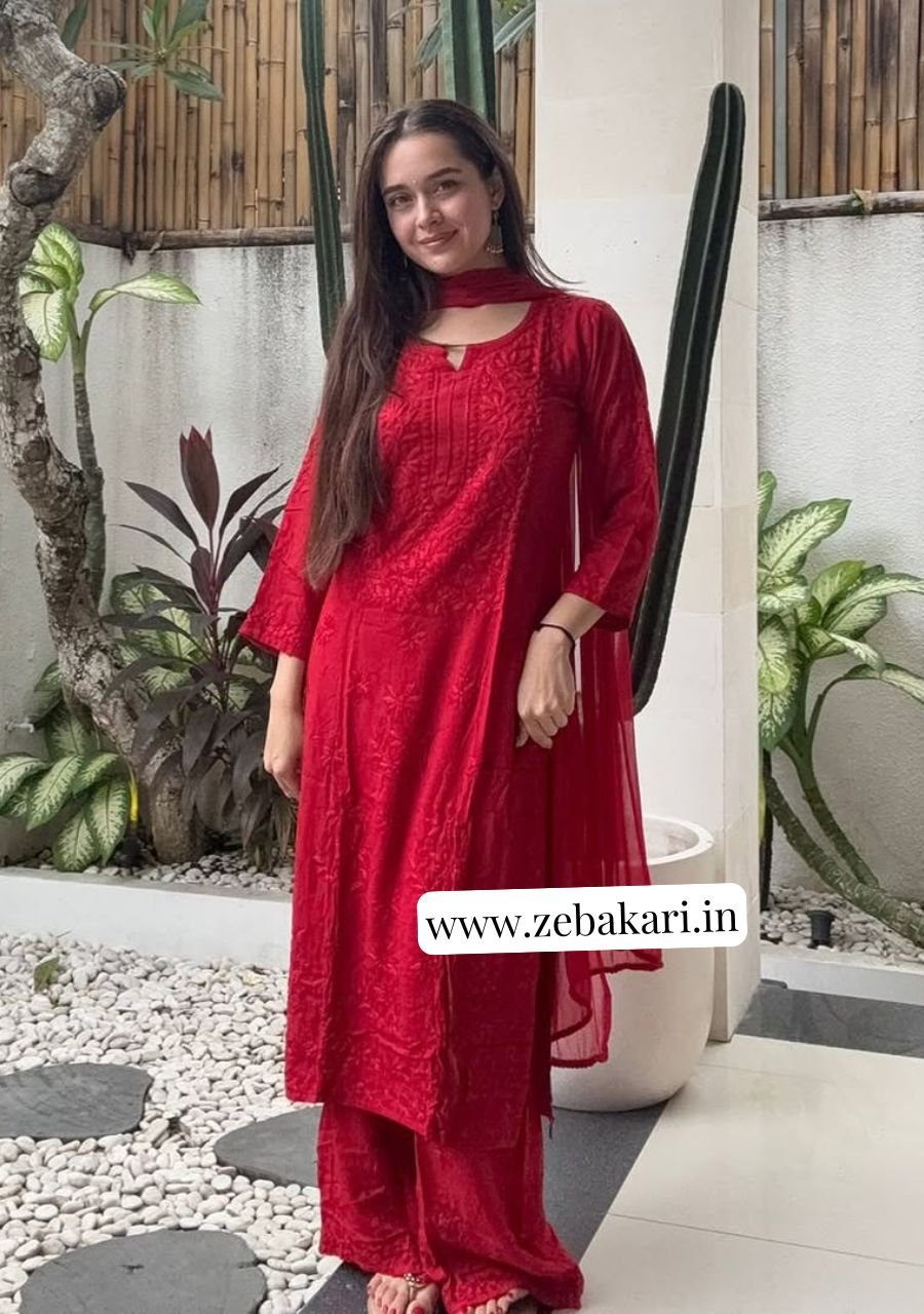 2026/01/1002029641.jpg Palak Chikankari Rayon Long Kurti Set with Dupatta - Red - Image 1
