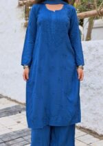 Palak Chikankari Rayon Long Kurti Set with Dupatta - Blue - Image 5