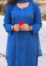 Palak Chikankari Rayon Long Kurti Set with Dupatta - Blue - Image 8