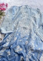 Naina 3D Chikankari Chanderi Long Kurti - Ombre Blue