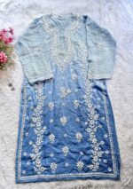 Naina 3D Chikankari Chanderi Long Kurti - Ombre Blue - Image 2
