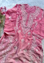 Naina 3D Chikankari Chanderi Long Kurti - Ombre Pink