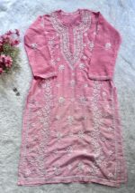 Naina 3D Chikankari Chanderi Long Kurti - Ombre Pink - Image 2