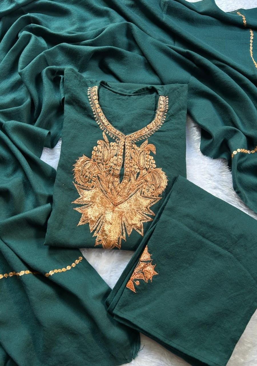 20260113_142328_0018 Kashmiri Tilla Work Woolen Pheran 3pc Set- Teal blue - Image 1