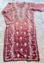 Naina 3D Chikankari Chanderi Long Kurti - Ombre Rose Brown - Image 2