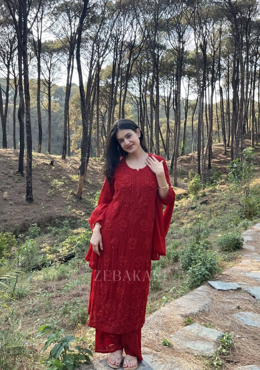 2026/02/1001953014.jpg Nazia Viscose 3D Chikankari Long Kurti Set with Dupatta - Maroon - Image 1