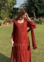 Nazia Viscose 3D Chikankari Long Kurti Set with Dupatta - Dark Brown - Image 5