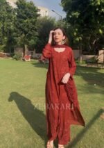 Nazia Viscose 3D Chikankari Long Kurti Set with Dupatta - Dark Brown