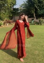 Nazia Viscose 3D Chikankari Long Kurti Set with Dupatta - Dark Brown - Image 13