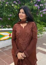 Nazia Viscose 3D Chikankari Long Kurti Set with Dupatta - Dark Brown - Image 2