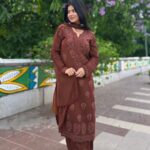 Nazia Viscose 3D Chikankari Long Kurti Set with Dupatta - Dark Brown