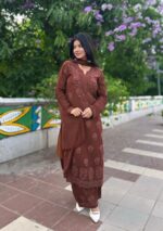 Nazia Viscose 3D Chikankari Long Kurti Set with Dupatta - Dark Brown