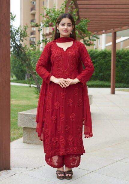 Nazia Viscose 3D Chikankari Long Kurti Set with Dupatta - Maroon