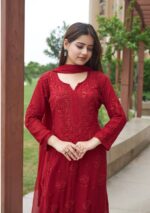 Nazia Viscose 3D Chikankari Long Kurti Set with Dupatta - Maroon - Image 3