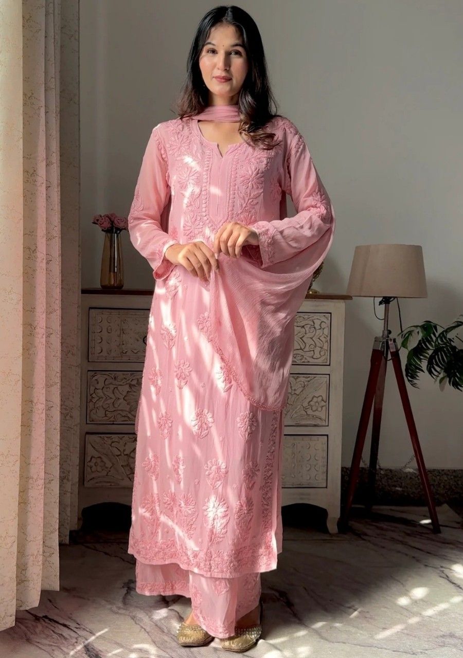 20260206_110718_0008 Nazia Viscose 3D Chikankari Long Kurti Set with Dupatta - Pastel Peach - Image 1