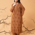 Nazia Viscose 3D Chikankari Long Kurti Set with Dupatta - Rust Brown