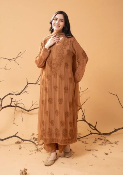 Nazia Viscose 3D Chikankari Long Kurti Set with Dupatta - Rust Brown