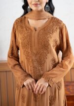Nazia Viscose 3D Chikankari Long Kurti Set with Dupatta - Rust Brown - Image 2